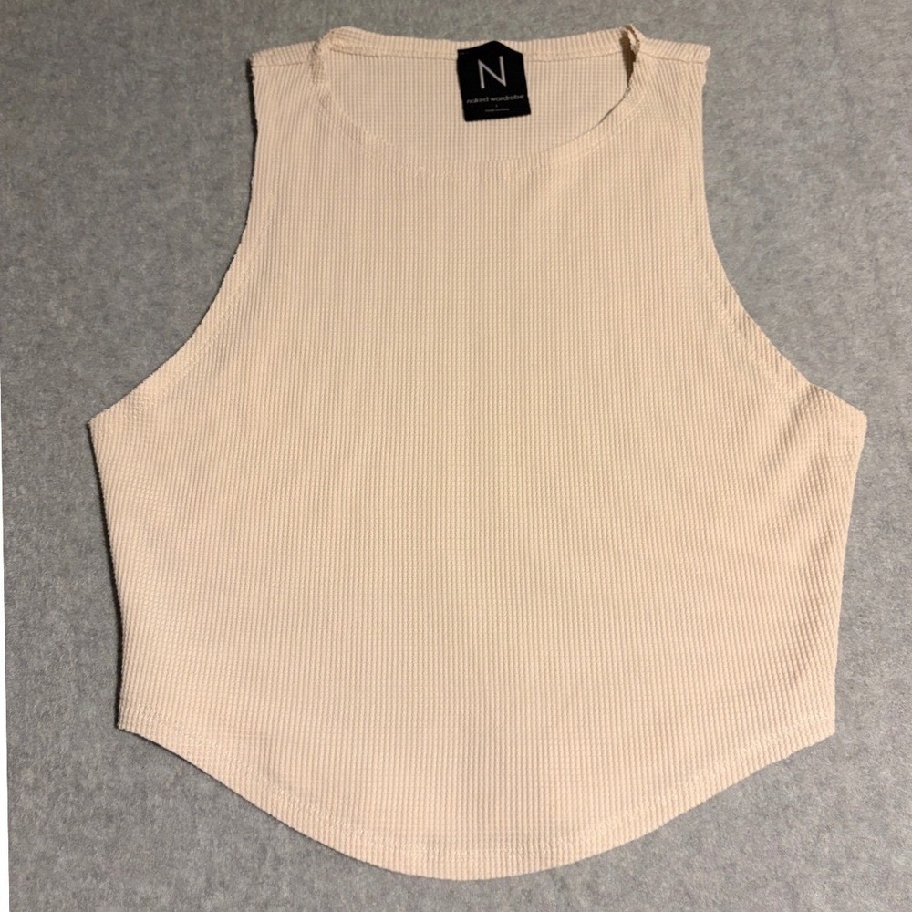 Naked Wardrobe Ribbed High Neck Sleeveless Top Beige Size Large Waffle Texture
